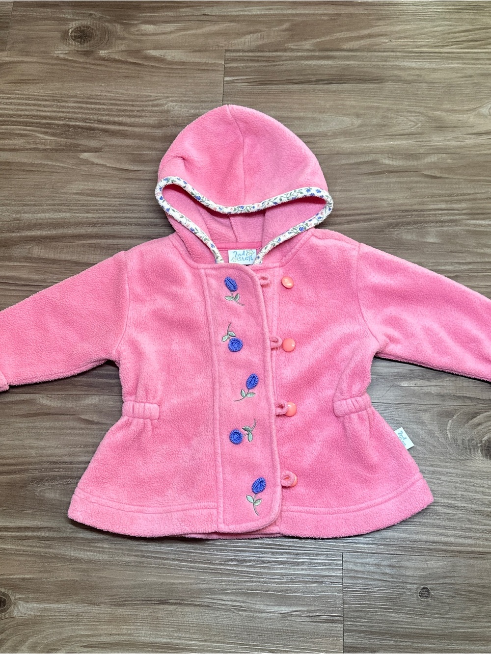 2nd Step VTG Floral Girl Pink Hooded Fleece Jacket Embroidered Flower Button 12M